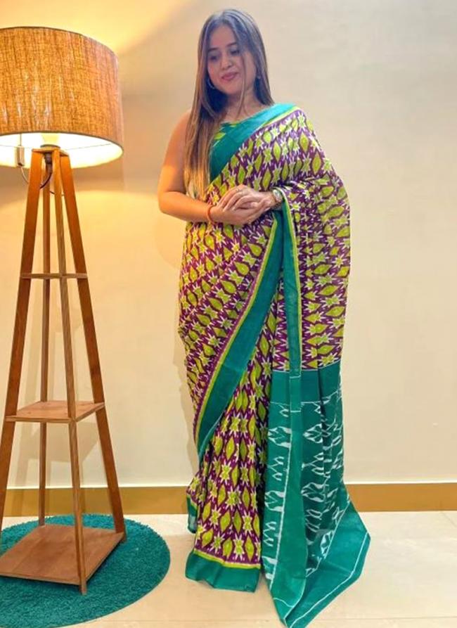 Linen Olive Green Daily Wear Digital Printed Saree